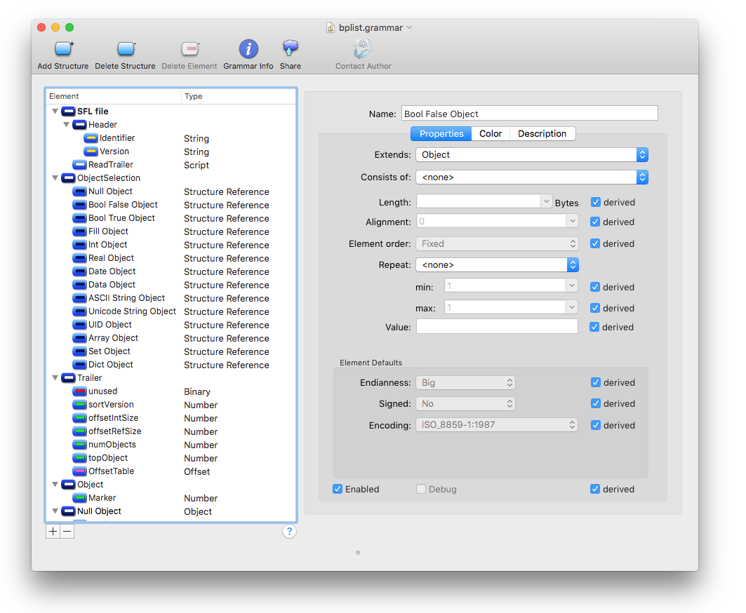 Screen Shot of Grammar Editor with binary property list grammar