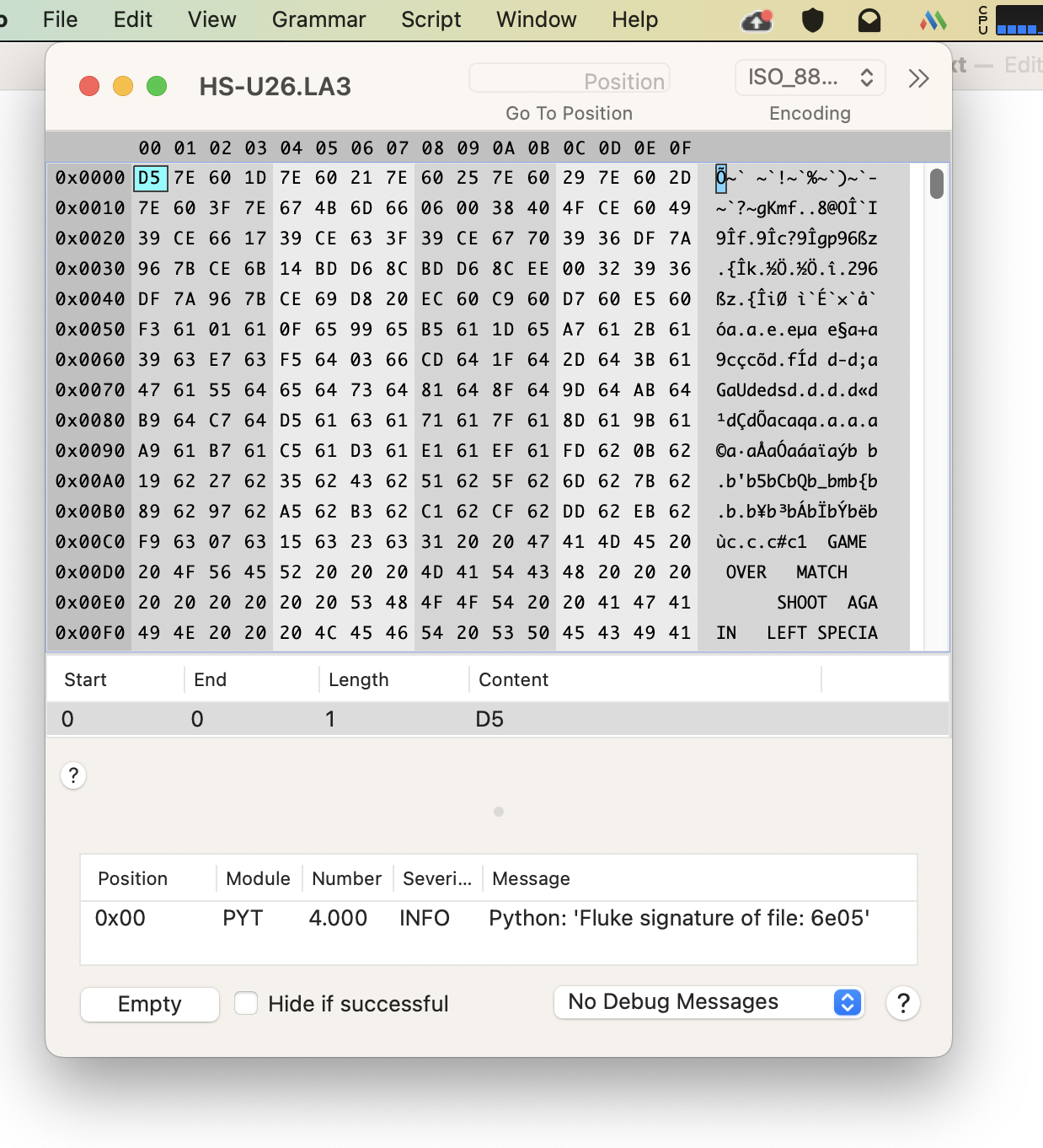 Screenshot Synalyze It! with Fluke 9010A ROM signature computed